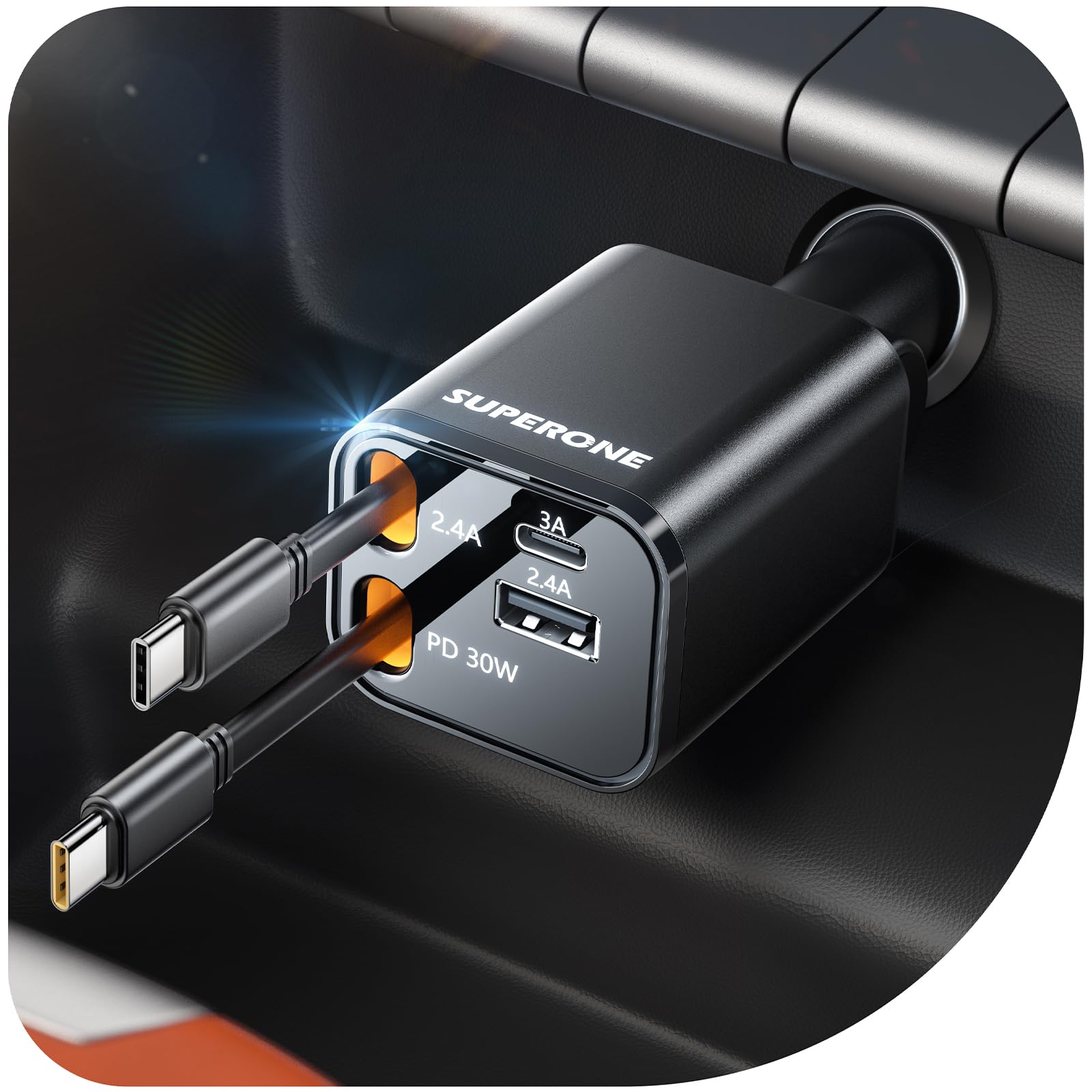 SUPERONE 6-Port 105W Ultra-Compact Retractable Car Charger with Dual USB-C Cables thumbnail 2