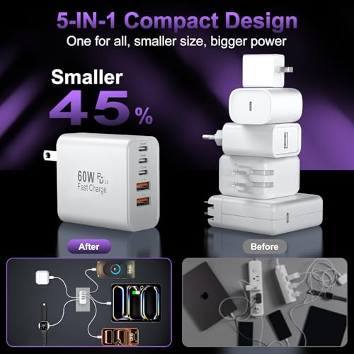Auorld 60W USB C Fast Charger Block, 2-Pack 5-Port Wall Chargers thumbnail 2