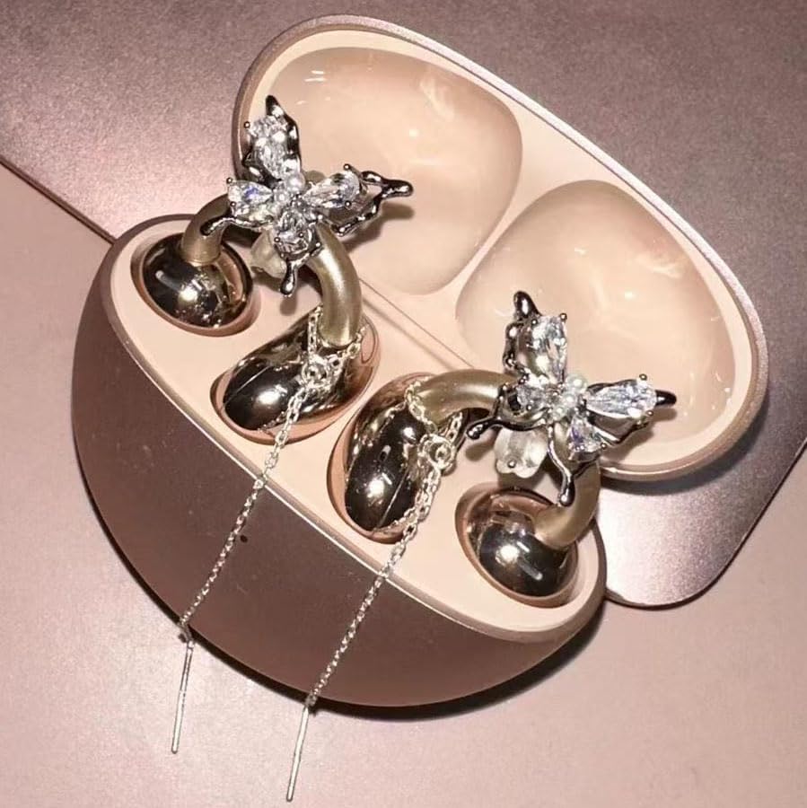 Bow Rhinestone Clip-On Earbud Decoration - Butterfly Tassel Style