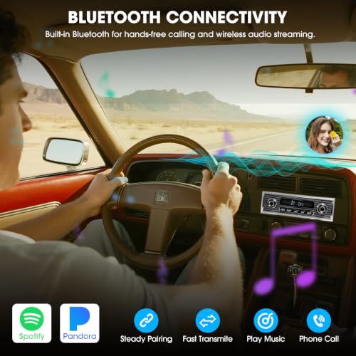 Bluetooth Retro Radio for Classic Vehicles - Single Din Vintage Car Stereo with AM/FM, USB, AUX, and Subwoofer Output thumbnail 2