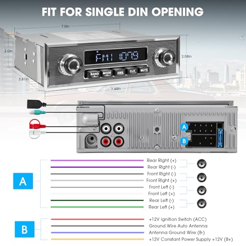 Bluetooth Retro Radio for Classic Vehicles - Single Din Vintage Car Stereo with AM/FM, USB, AUX, and Subwoofer Output thumbnail 4