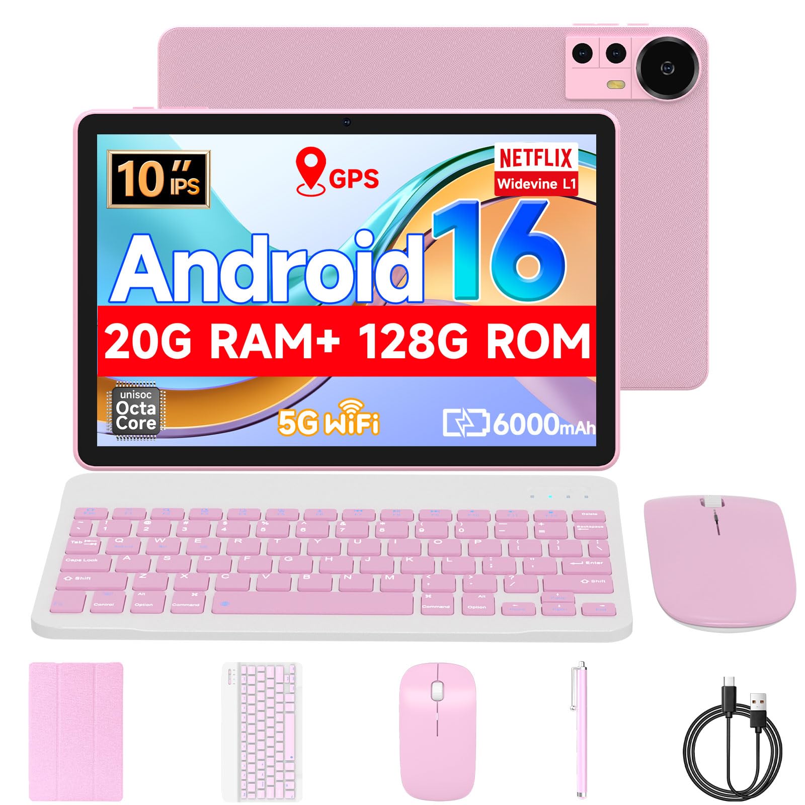 Nyxolaria 10.1-Inch Android 16 Tablet with Keyboard, Mouse, Stylus, and Protective Case (Pink) thumbnail 4