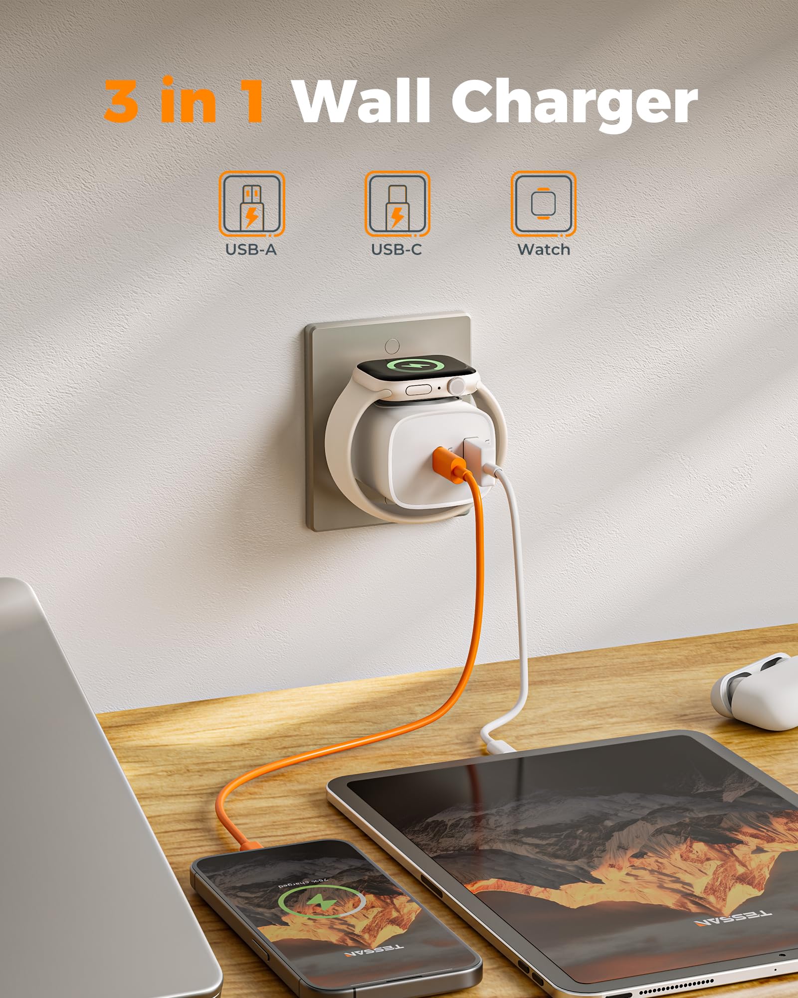 TESSAN 3-in-1 PD 20W USB C Charger Block with Built-in Wireless Apple Watch Charging thumbnail 4