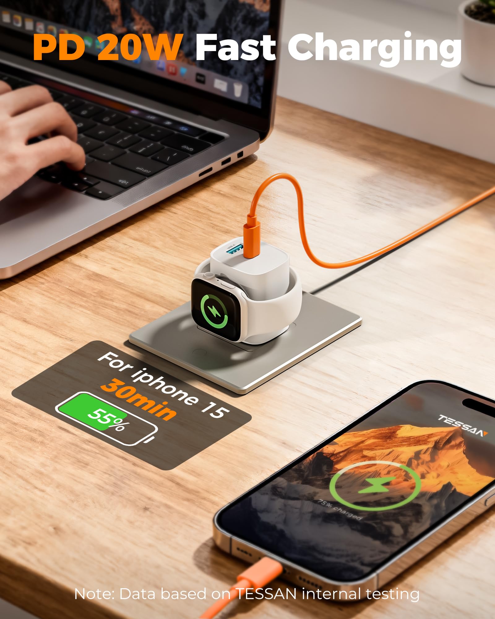 TESSAN 3-in-1 PD 20W USB C Charger Block with Built-in Wireless Apple Watch Charging thumbnail 2