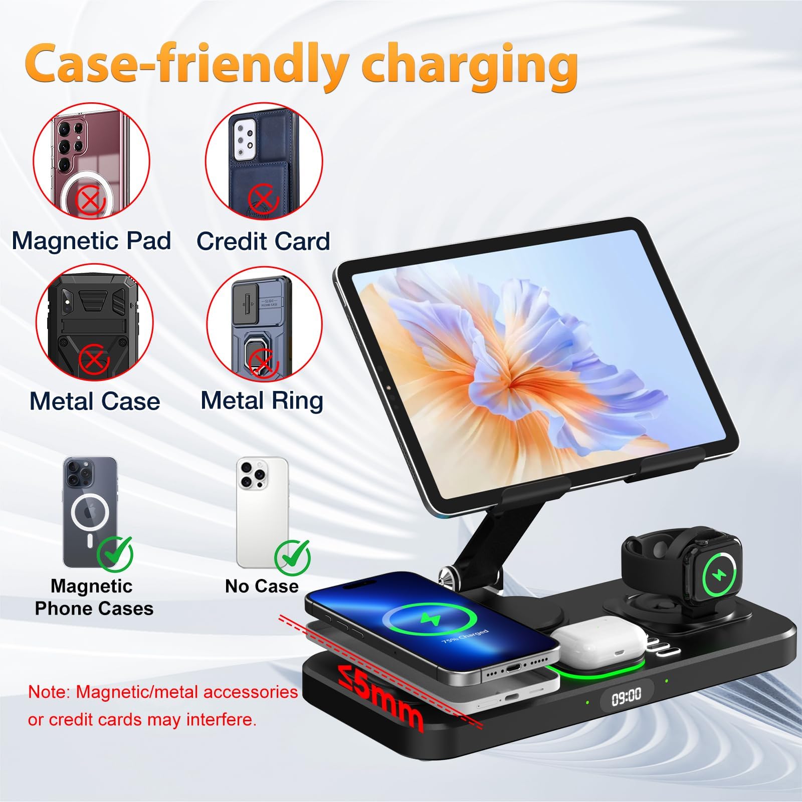30W Foldable Wireless Charging Station with Clock & Ambient Light for Apple Devices thumbnail 3