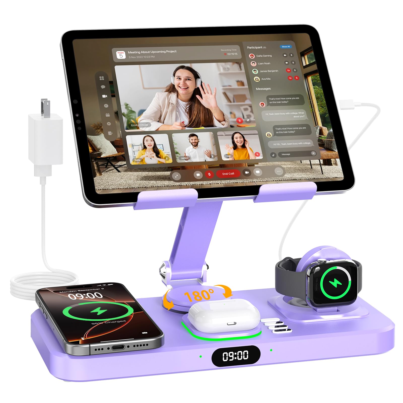 30W Foldable Wireless Charging Station with Clock & Ambient Light for Apple Devices thumbnail 4