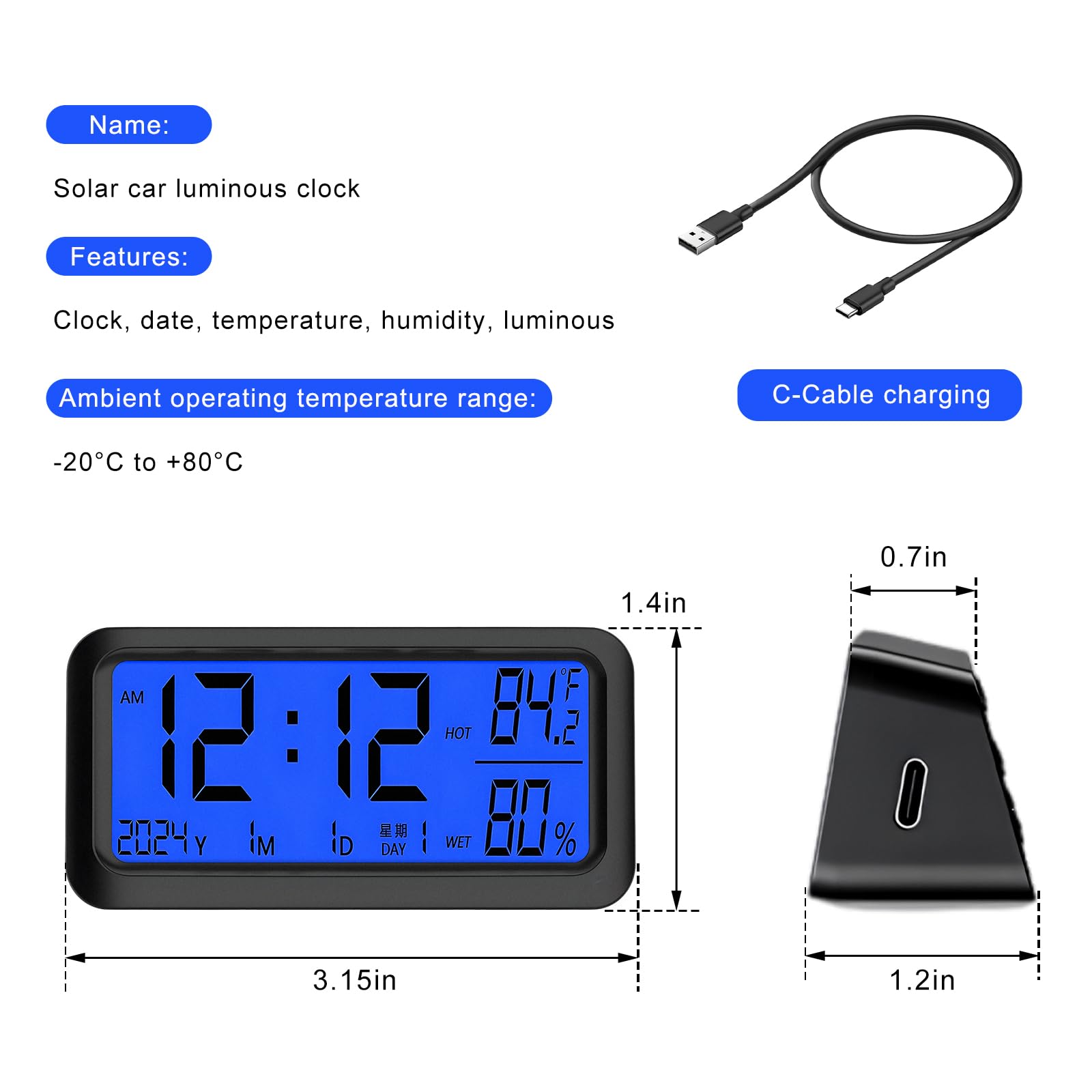 VCYOPN Solar-Powered Car Digital Dashboard Clock with Night Backlight and Multi-Function Display thumbnail 2