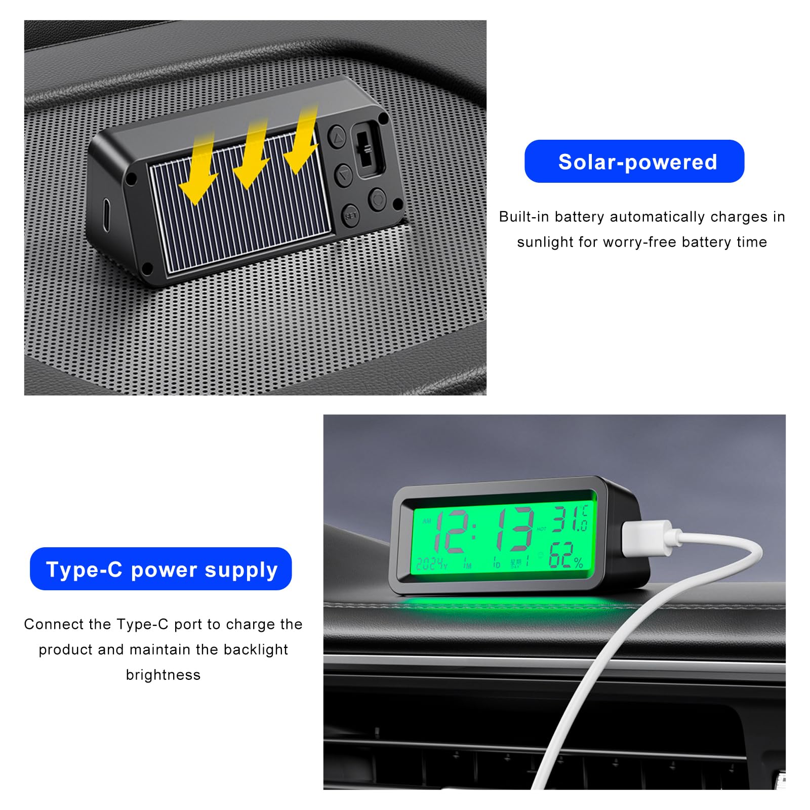 VCYOPN Solar-Powered Car Digital Dashboard Clock with Night Backlight and Multi-Function Display thumbnail 3