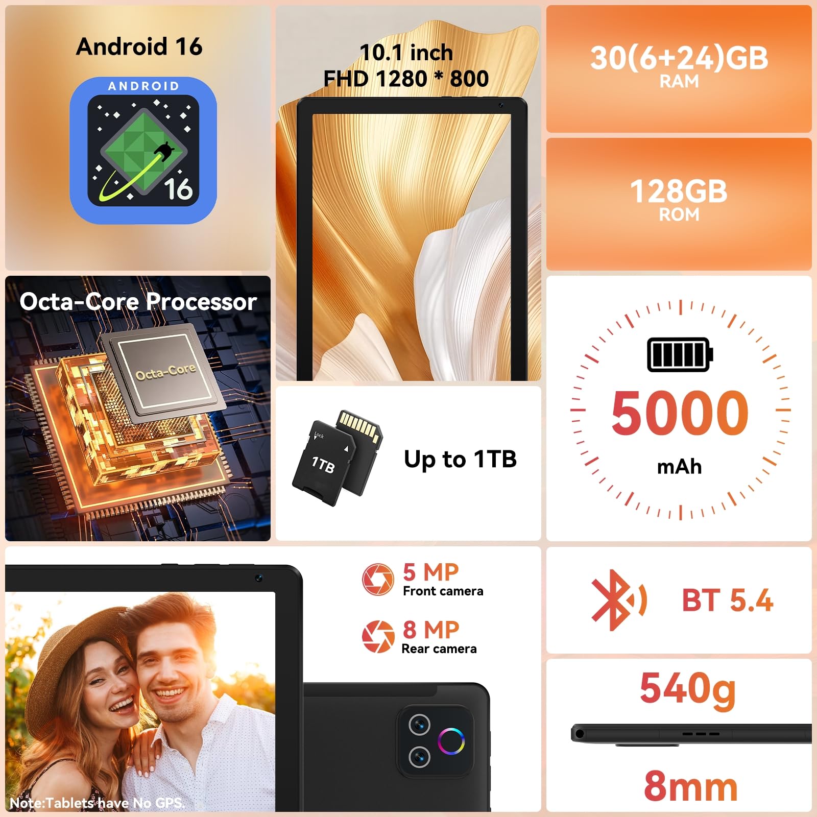 URAO 10.1" Android Tablet with Octa-core Processor, 30GB RAM, 128GB Storage, HD IPS Display, Wi-Fi 6 & Bluetooth 5.4 thumbnail 4