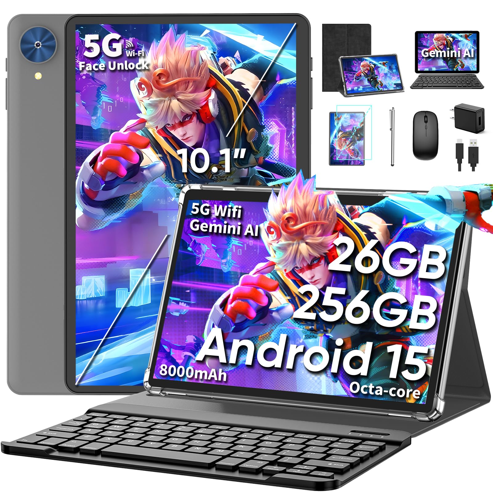 Relndoo 10 Inch Android 15 Tablet with Keyboard, 26GB RAM, 256GB Storage, 2TB Expandable, Gemini AI, Octa-Core, 8000mAh Battery, 5G WiFi, and Accessories thumbnail 4