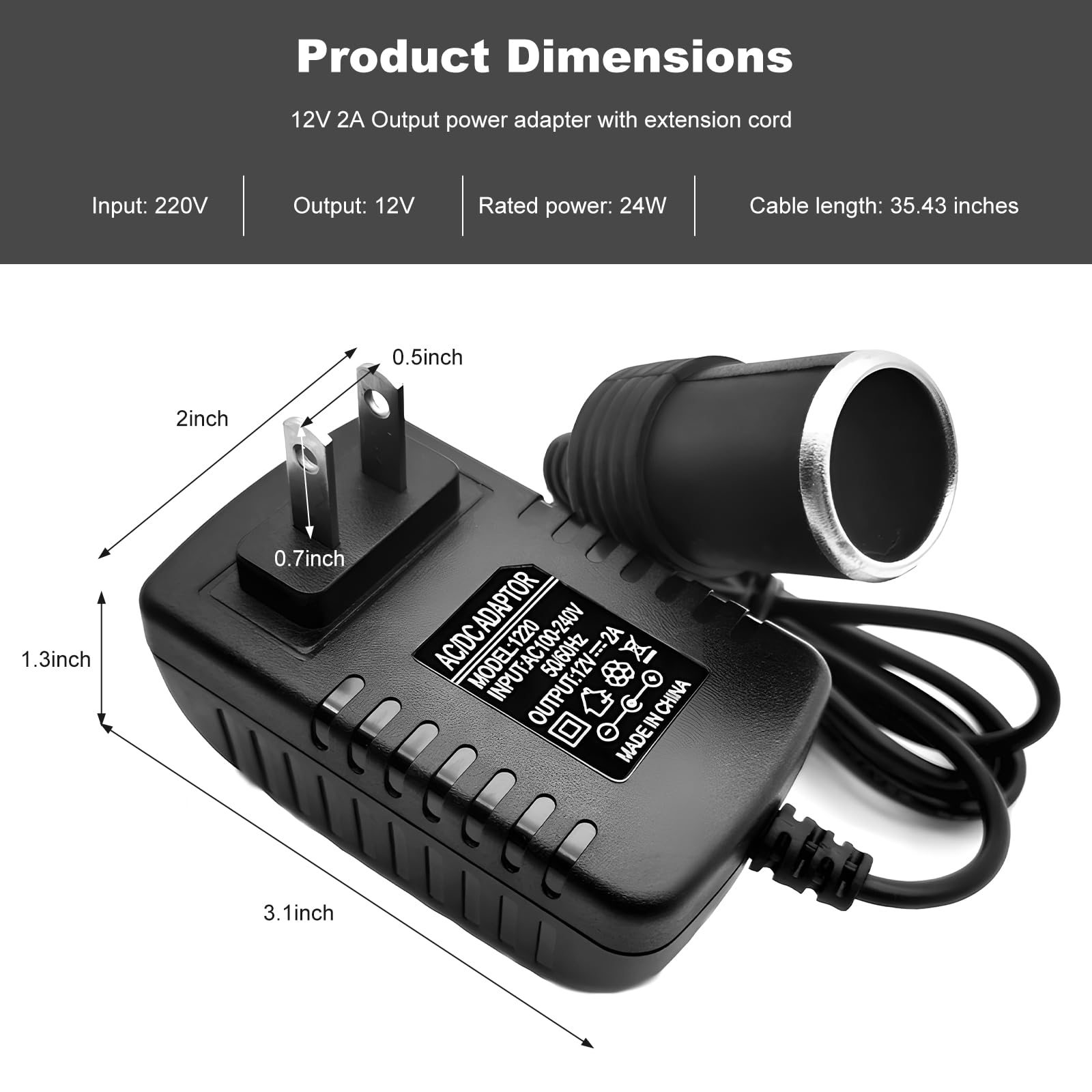 Rdxcv AC to DC Converter 100-240V to 12V Vehicle Power Adapter, 2A 24W Cigarette Lighter Socket thumbnail 4