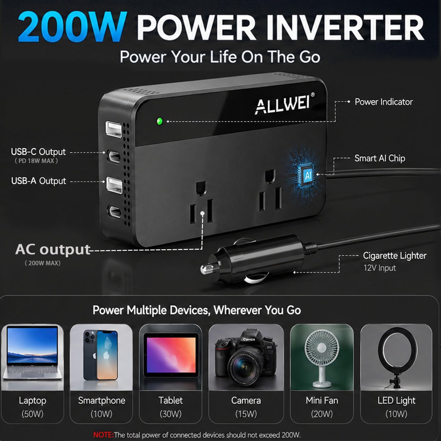 ALLWEI 200W Car Power Inverter with 4 USB Fast Charging Ports thumbnail 2