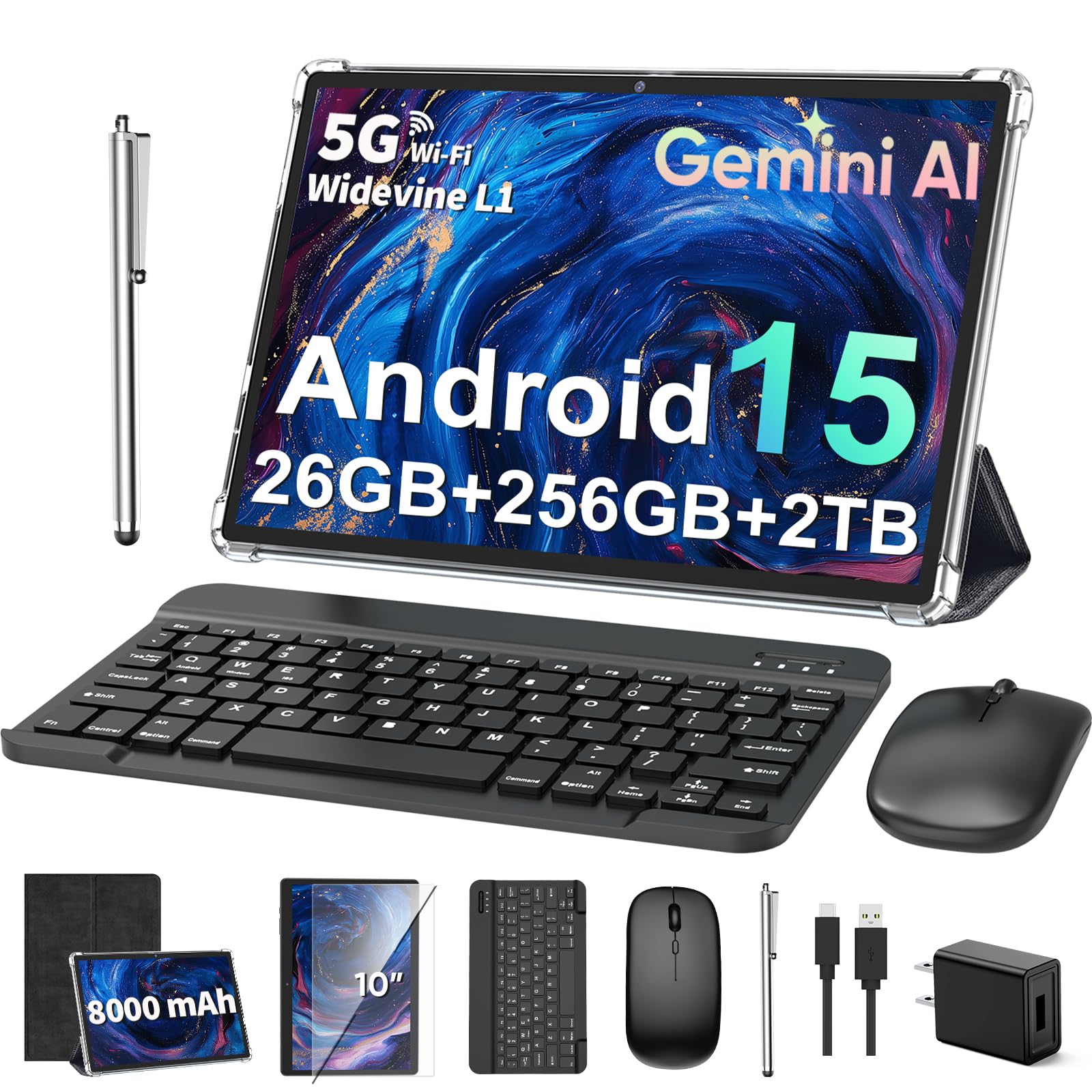 2026 10 Inch Android 15 Tablet with Gemini AI, 26GB RAM, 256GB Storage + 2TB Expandable, Keyboard, Mouse, Stylus, and Case Bundle thumbnail 2