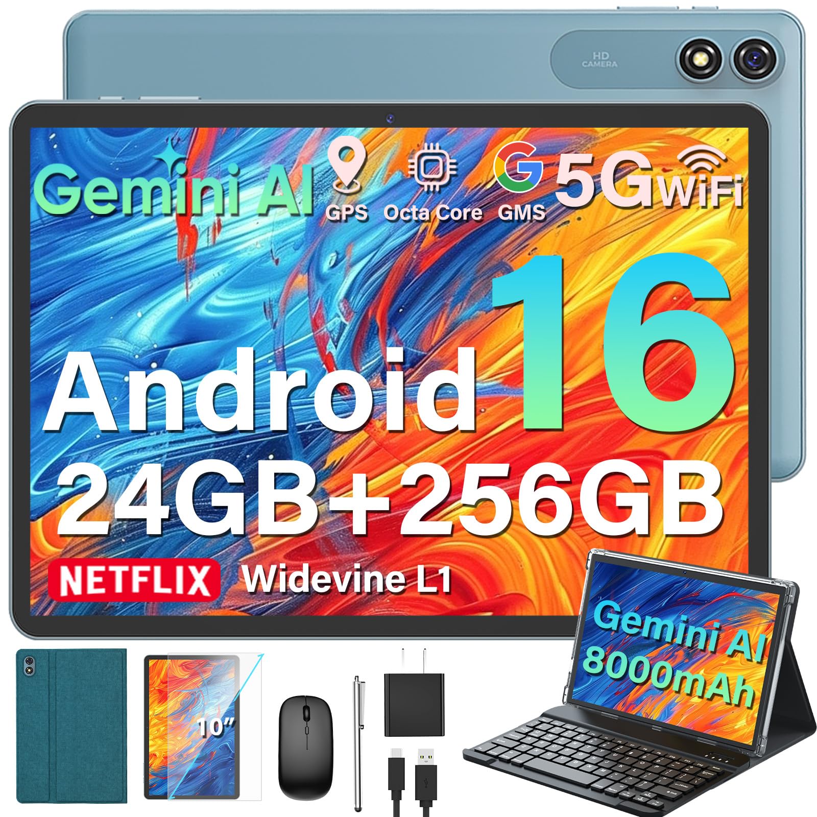 2026 Upgraded Android 16 10-Inch Tablet with Keyboard, 24GB RAM, 256GB Storage + 2TB Expandable, Gemini AI, 8000mAh Battery image 1