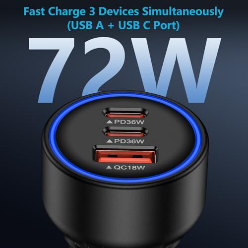 Multi 3 Ports Fast Car Charger Adapter with USB-C and USB-A for 12V Vehicles image 1