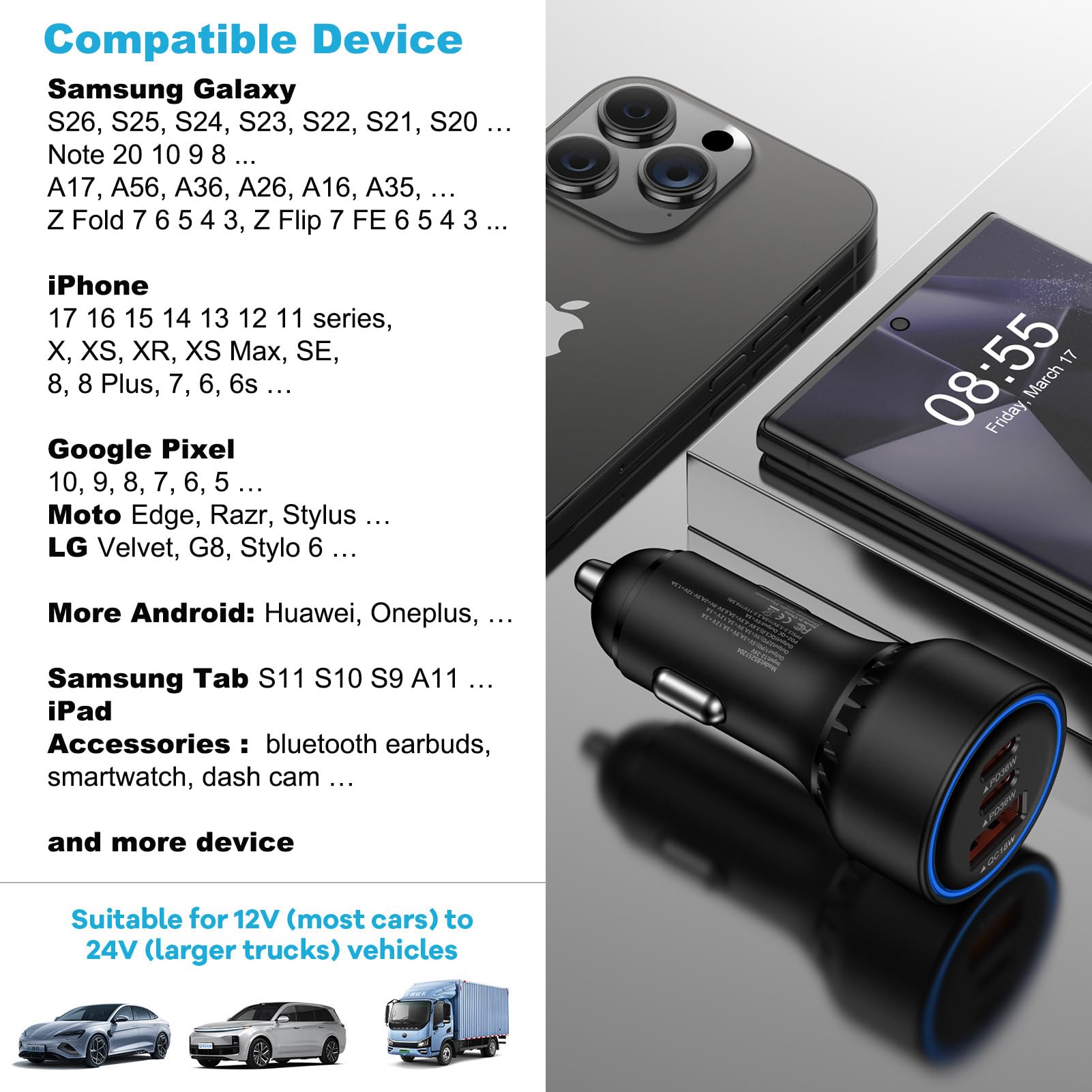 Multi 3 Ports Fast Car Charger Adapter with USB-C and USB-A for 12V Vehicles thumbnail 4