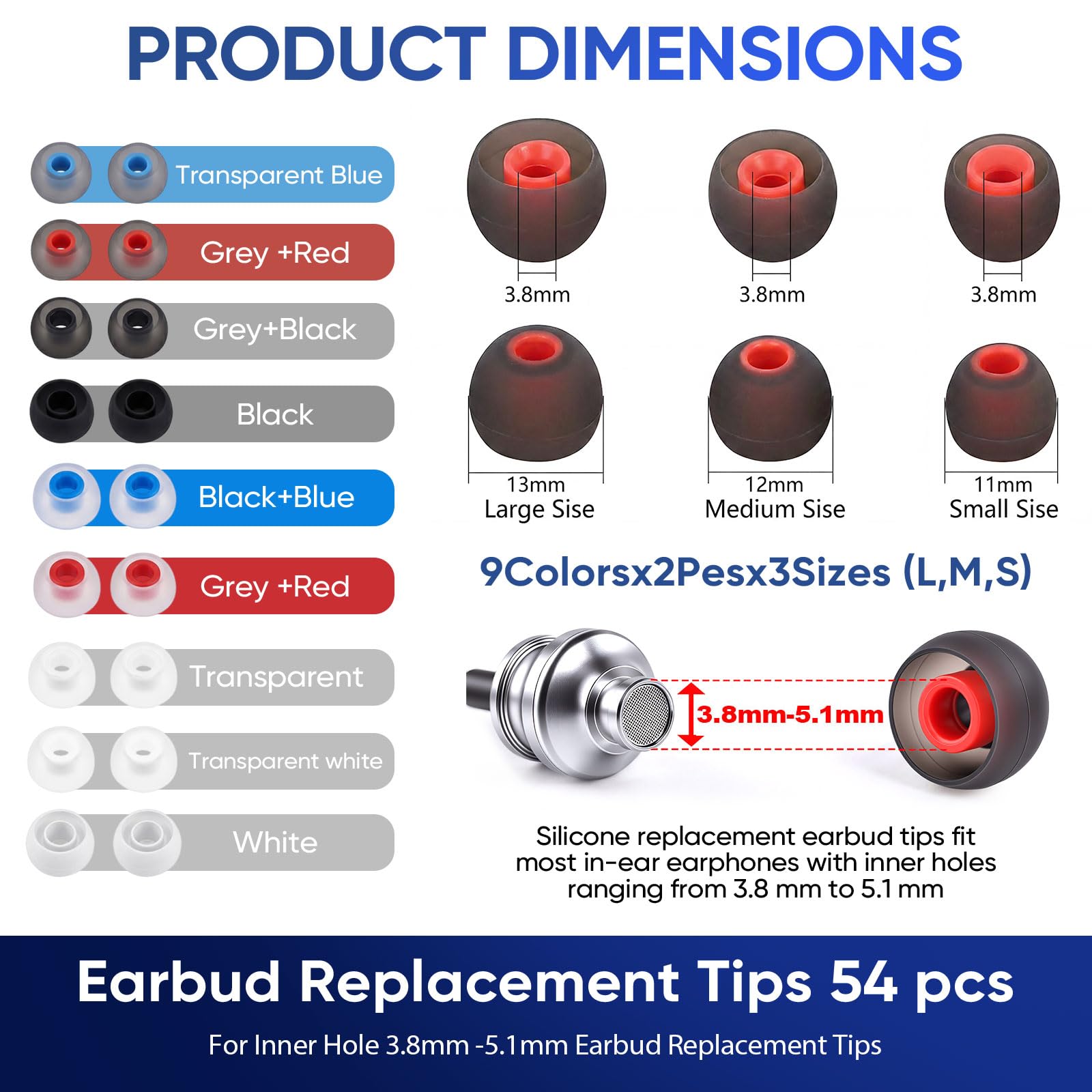 54Pcs Silicone Earbud Replacement Tips - Soft, Comfortable, and Compatible with Most Earphones thumbnail 3