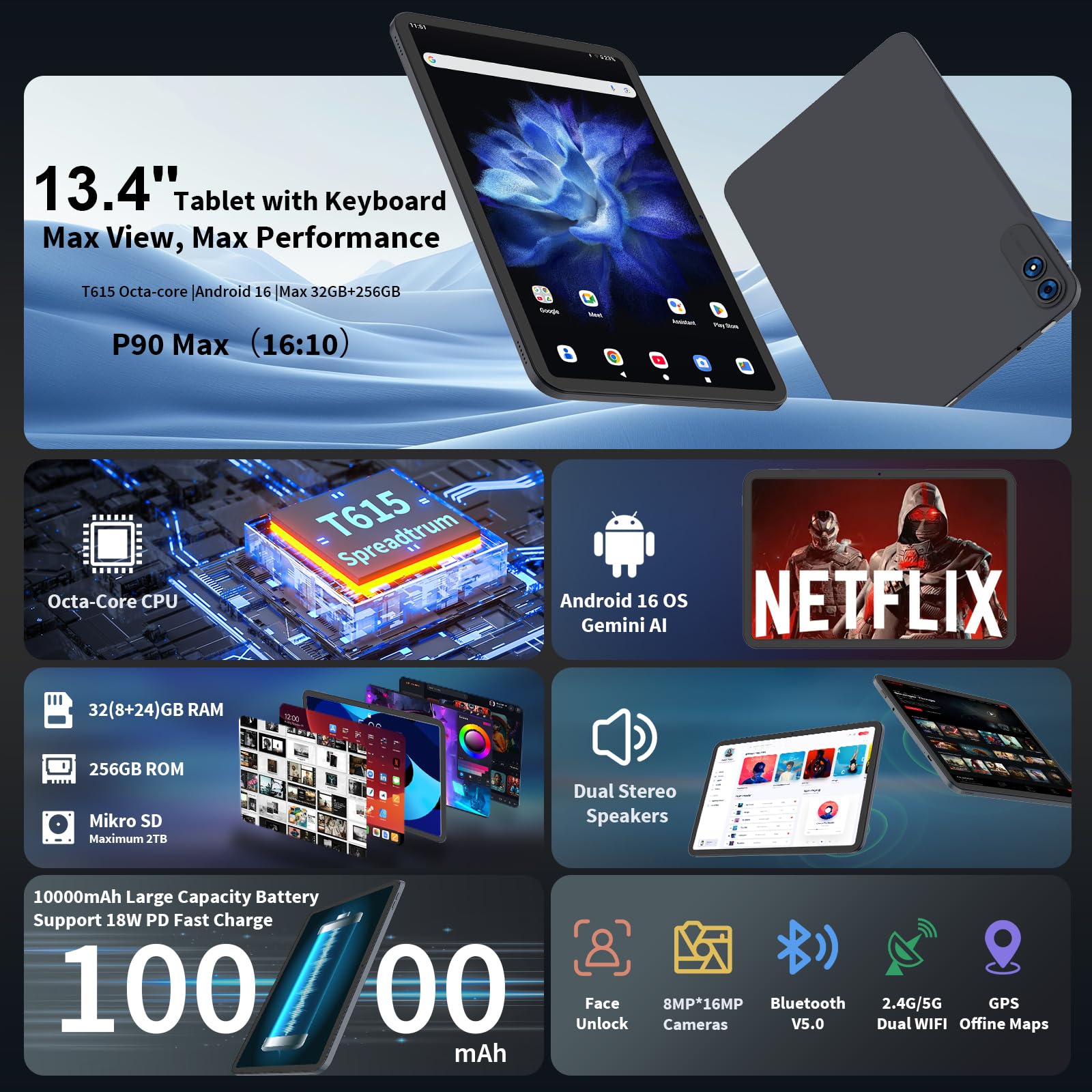 QDDQ 13 Inch Android 16 Tablet with Keyboard, Stylus, and 2TB Expandable Storage thumbnail 2