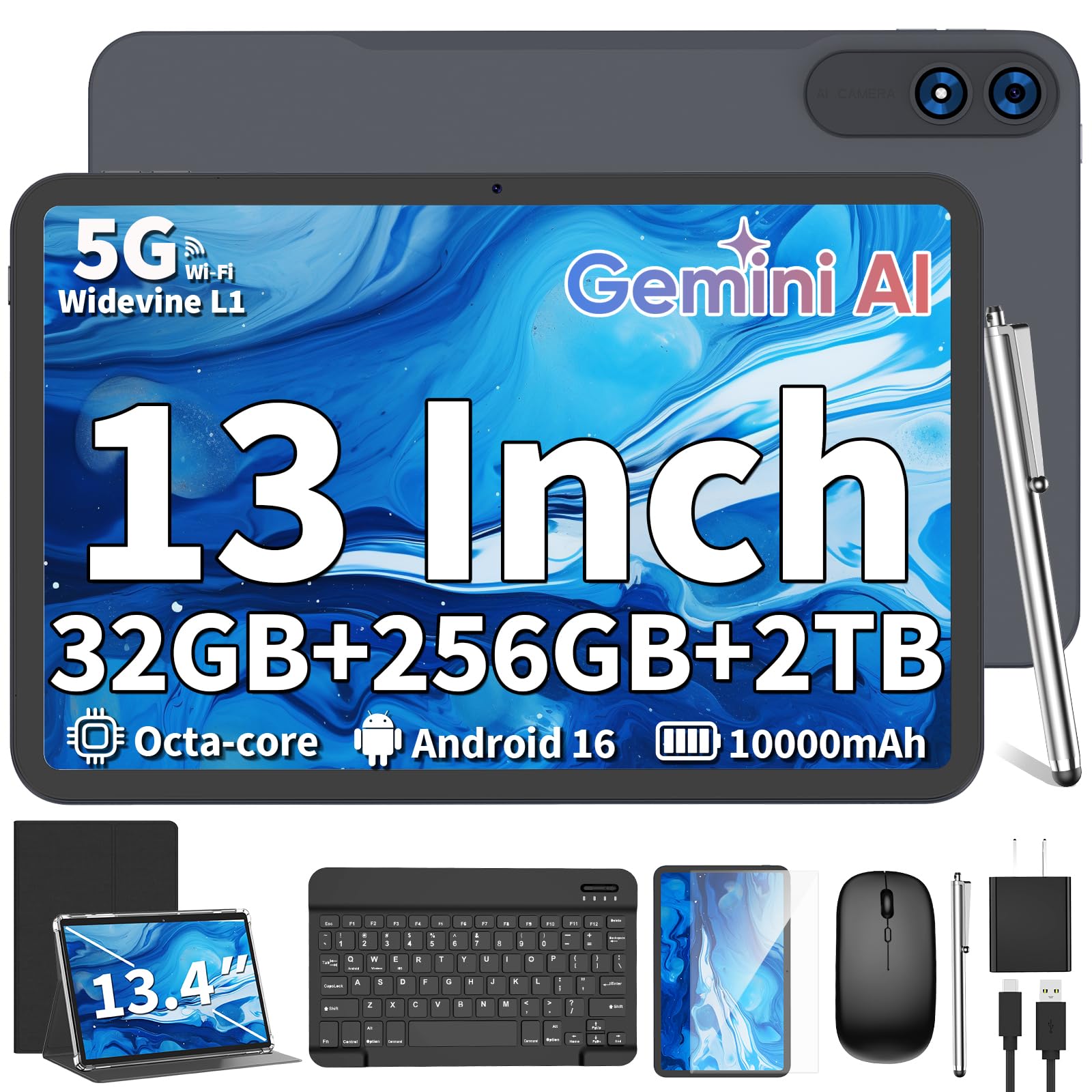 QDDQ 13 Inch Android 16 Tablet with Keyboard, Stylus, and 2TB Expandable Storage thumbnail 3