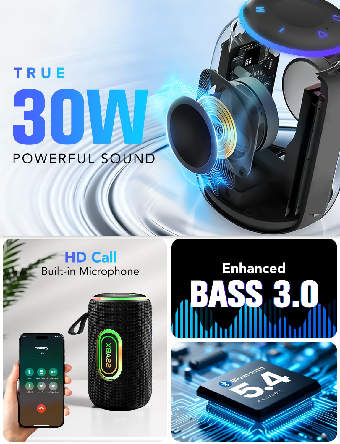 Portable Bluetooth Speaker with 30W Dual Drivers, Deep Bass, RGB Lights, and IPX7 Waterproof thumbnail 4
