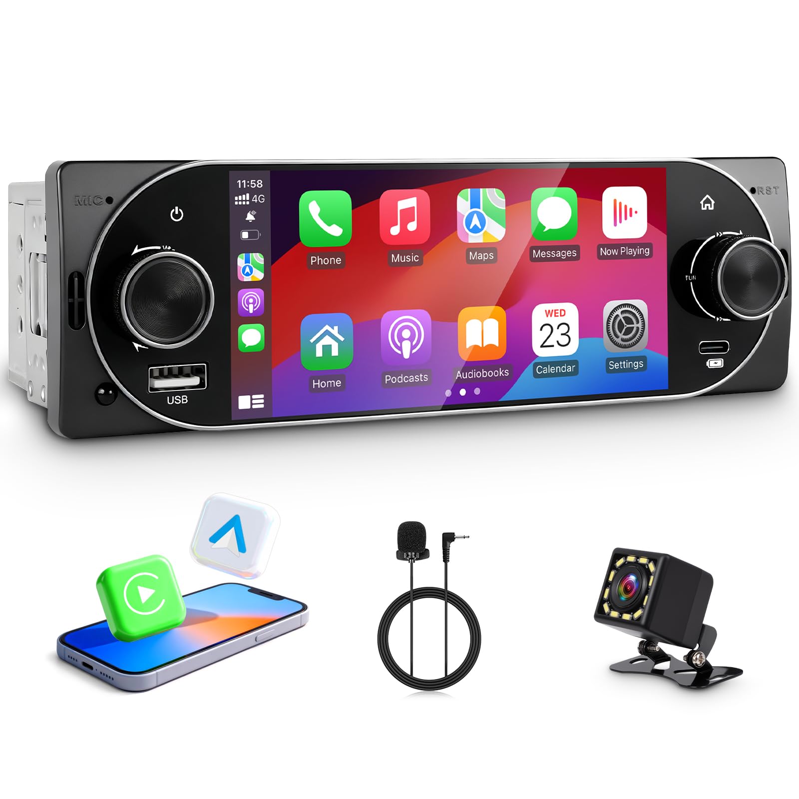 Single Din Car Radio with Apple CarPlay, Backup Camera, and Bluetooth thumbnail 2