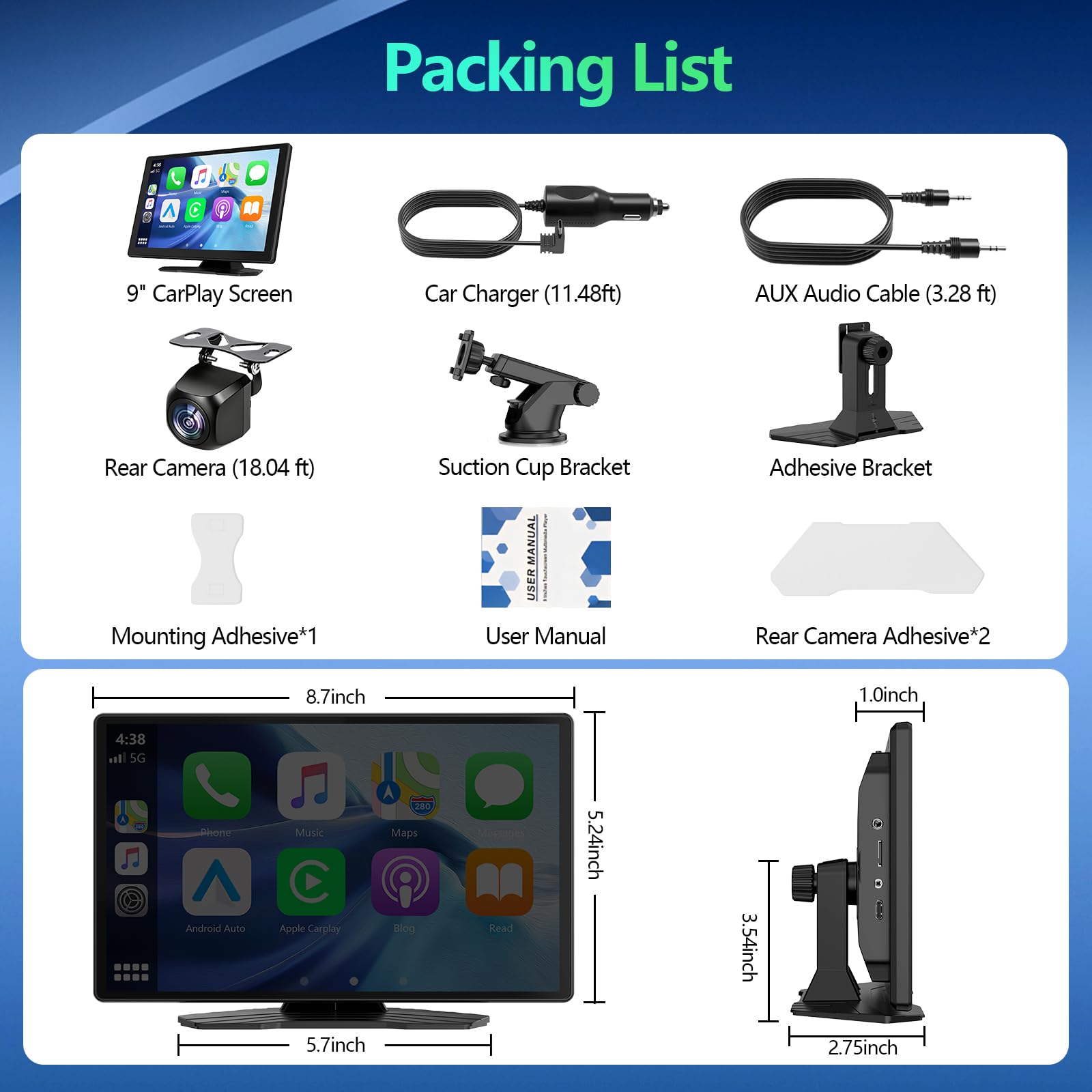 9" Portable Wireless CarPlay Screen with GPS Navigation and Backup Camera thumbnail 3