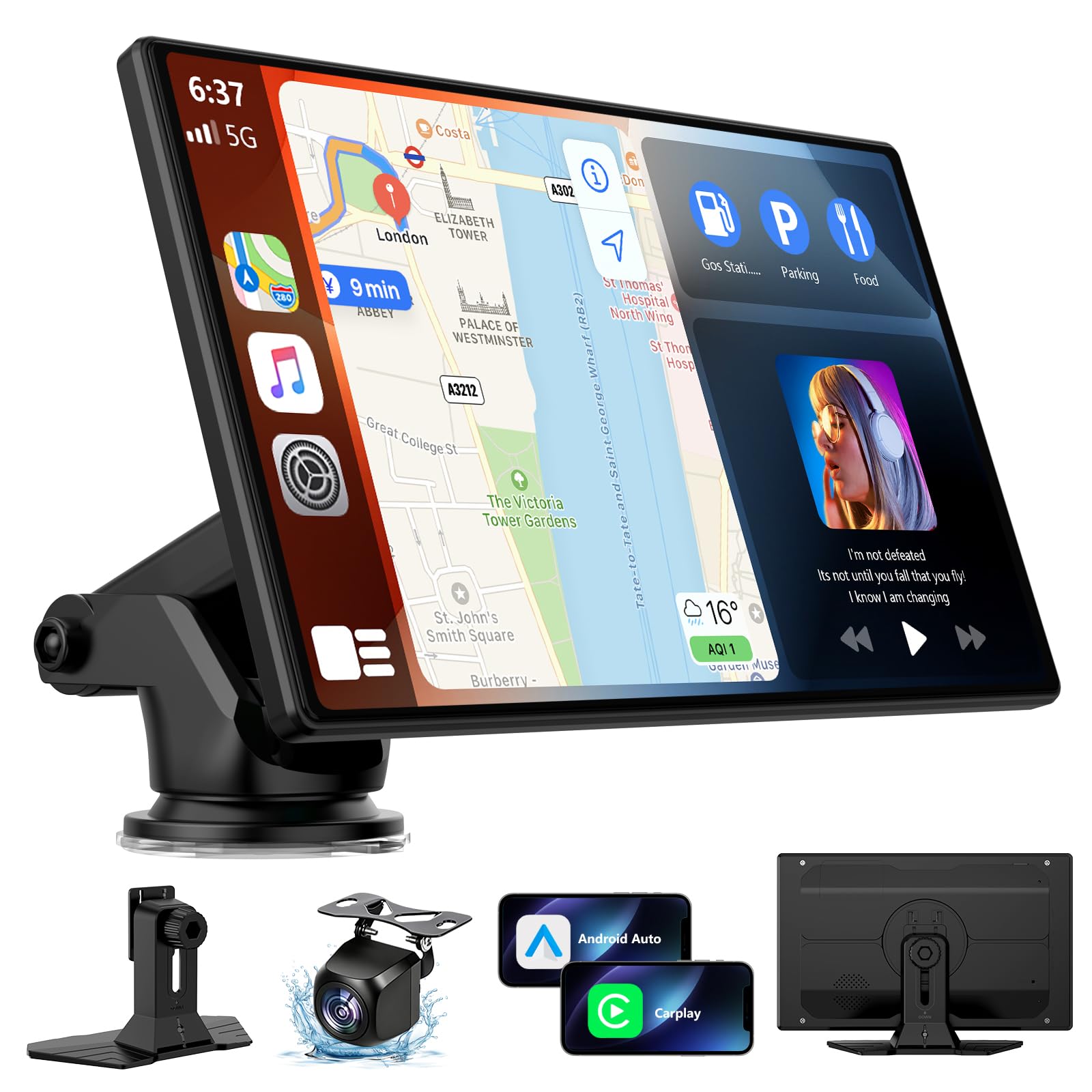 9" Portable Wireless CarPlay Screen with GPS Navigation and Backup Camera thumbnail 4