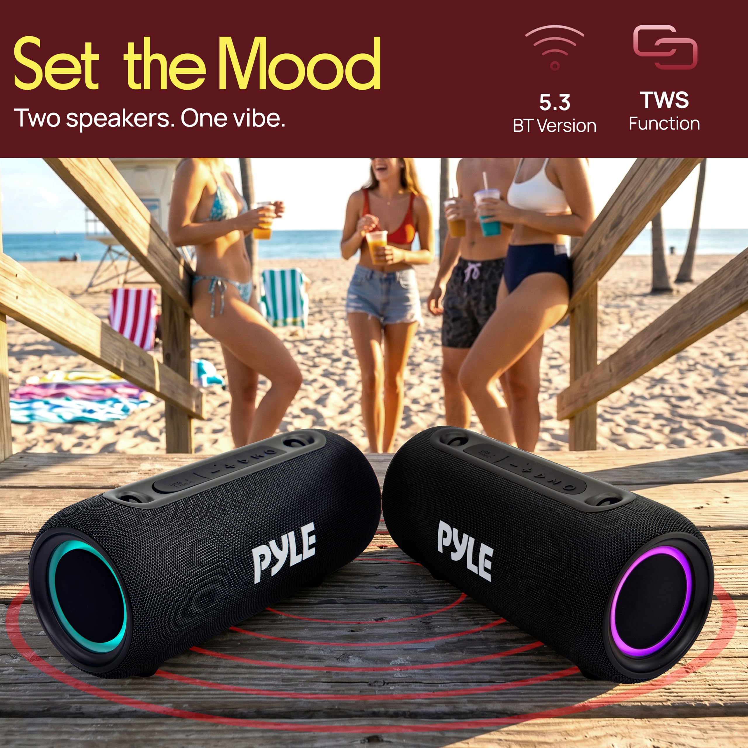 Pyle Portable Bluetooth Speaker with RGB LED and IPX5 Waterproof Rating thumbnail 2