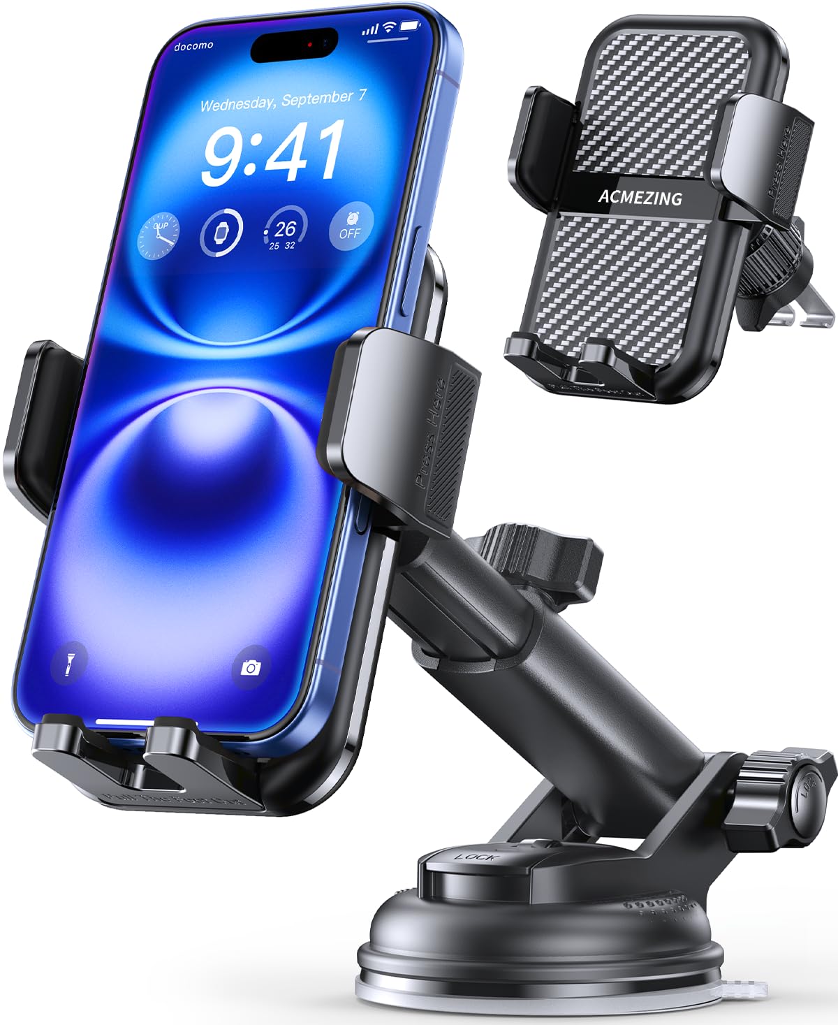 ACMEZING 3-in-1 Car Phone Holder with Strong Suction and Stable Clamp Arm thumbnail 3