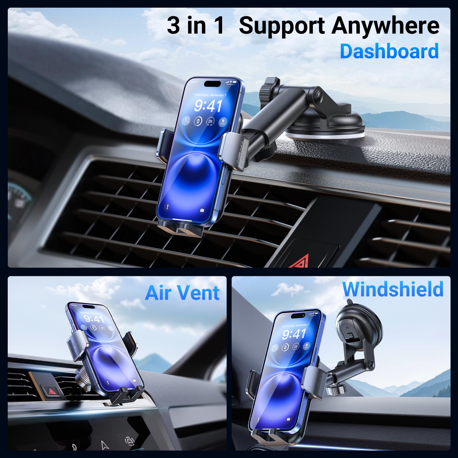 ACMEZING 3-in-1 Car Phone Holder with Strong Suction and Stable Clamp Arm image 1